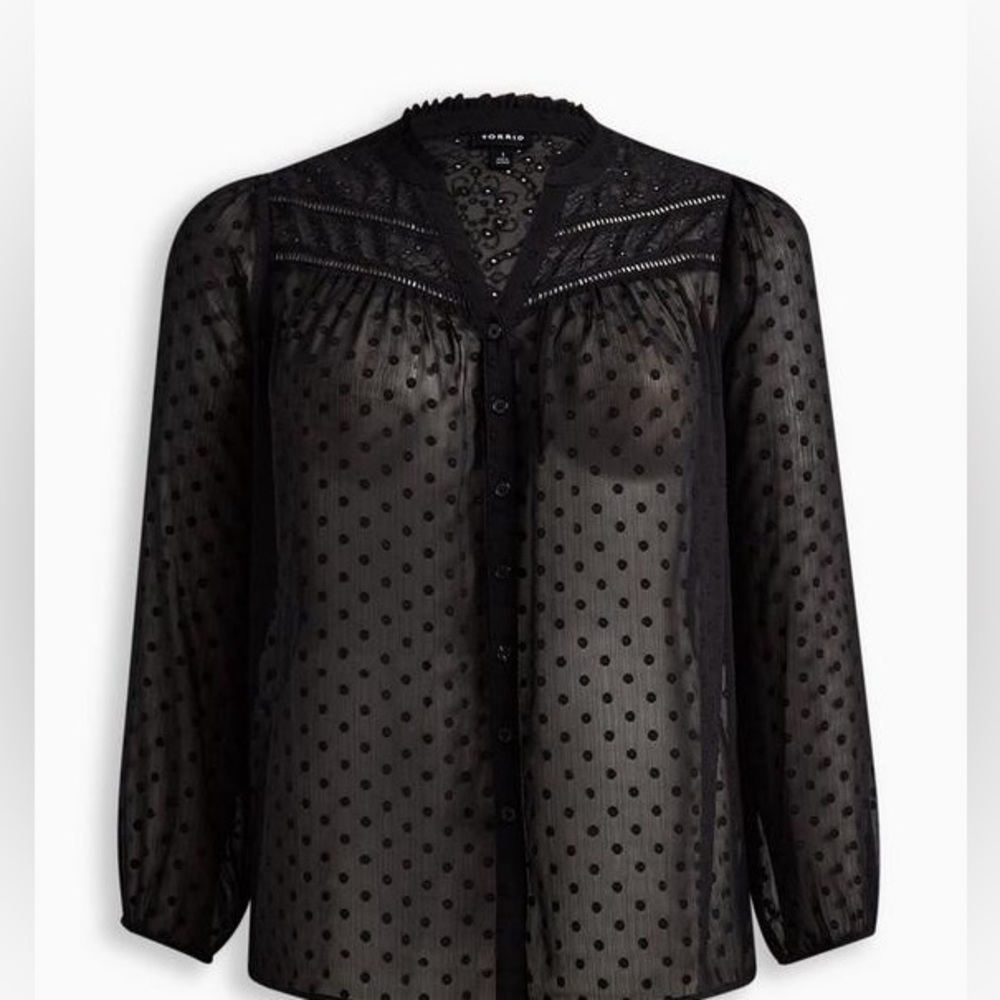 Torrid Chiffon Clip Dot With Contrasting Eyelet Top Black Plus Size Blouse